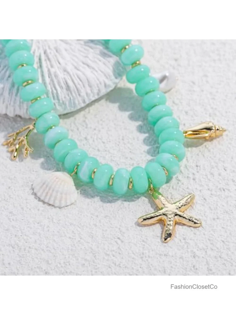 Resin Beaded Necklace with Starfish Seashell Charms, Adjustable Lobster Clasp,